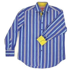 Robert Graham Men's Blue Striped Long Sleeve Shirt Yellow Lining Collar Cuffs